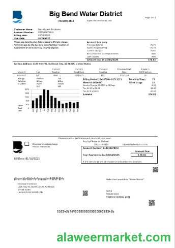 USA Nevada Big Bend Water District business utility bill template in Word and PDF formats